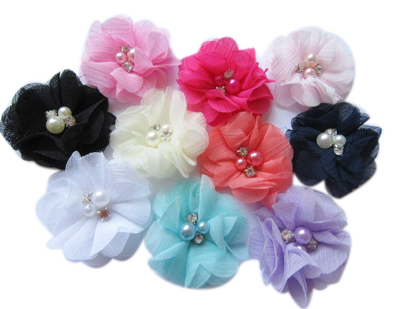 YYCRAFT Pack Of 20 Pieces Chiffon 2" Flower Rhinestone Pearl for craft projects-10 colors