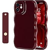 NITITOP Compatible with iPhone 12 Case Cute Simple Wave Design Stylish Wavy Curly Frame with Wrist Adjustable Hand Strap Kickstand Grip Holder Soft Silicone Protective Cover - Wine Red