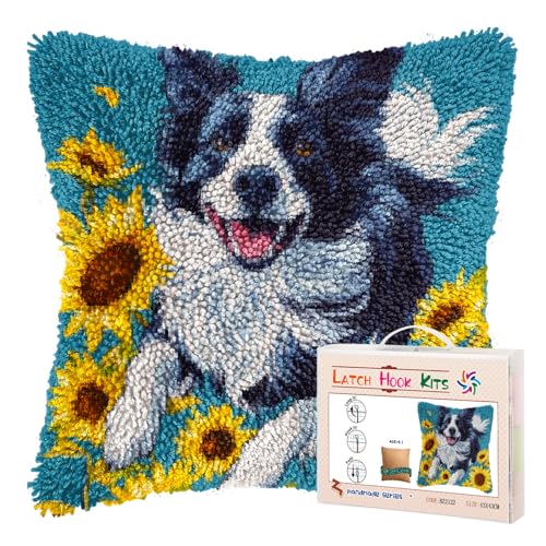 DIY Latch Hook Pillow Kits for Adults Running Border Collie Dog in Sunflowers Printed Pillowcase Crochet Yarns Hooking Handmade Pillow Cover Cushion for Home Sofa Decoration 17x17inch(1)