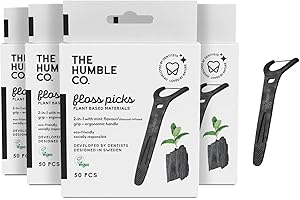 The Humble Co. Floss Picks (200 Count) – Plant Based Dental Floss Picks with Grip Handle for Superior Oral Care, Dental Hygiene, and Gum Health, Cruelty Free Tooth Floss Picks (Charcoal)