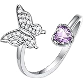 SILVERCUTE Butterfly Rings for Women - 925 Sterling Silver Birthstone Ring Women Jan-Dec Adjustable Ring with Cubic Zirconia Cute Butterfly Jewelry