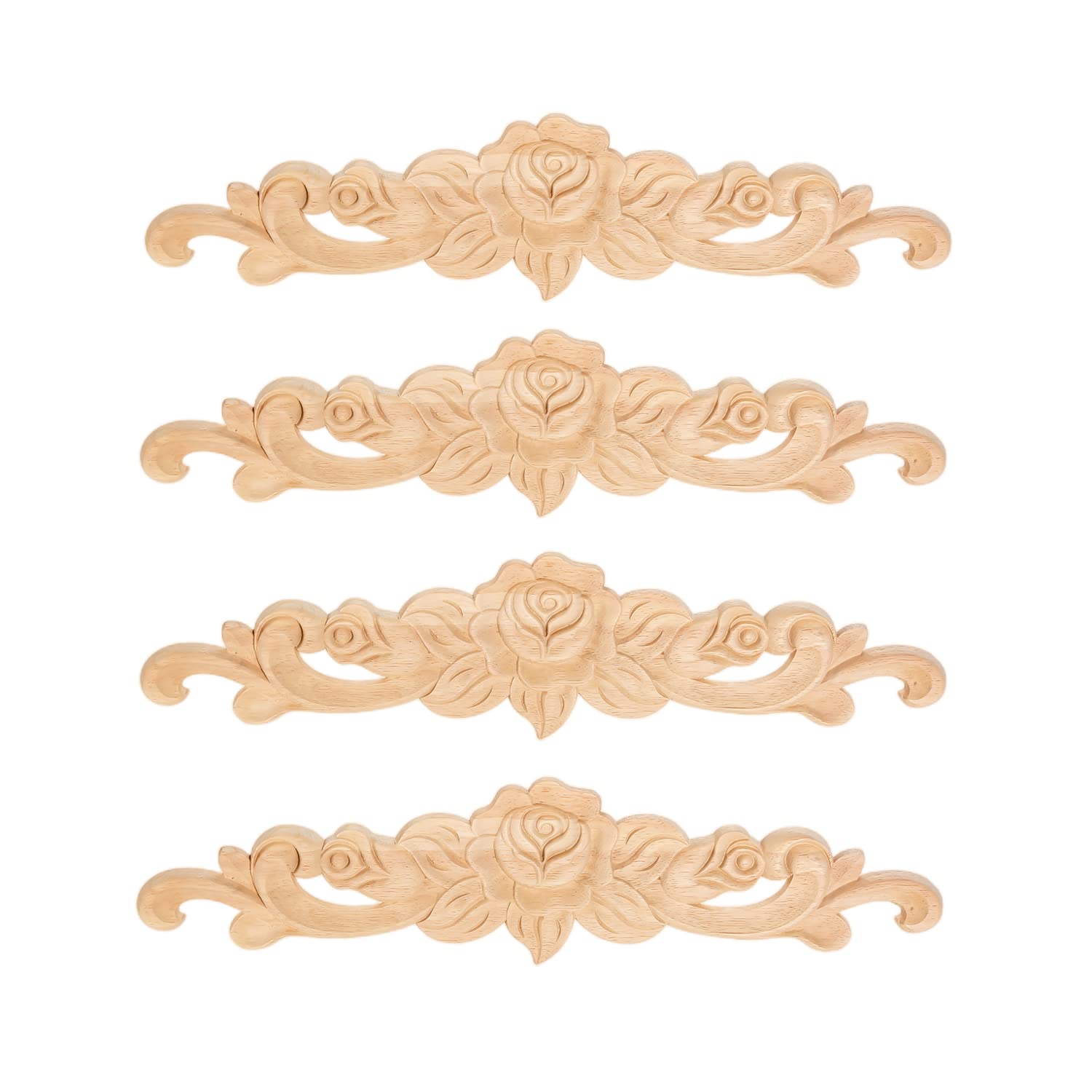 MUXSAM Wood Carved Long Onlay Applique Unpainted Rose Flower Door Home Decor European Style (4pcs-30 * 7cm)