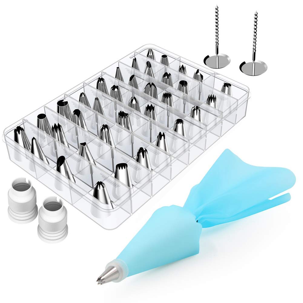 42 Pcs Cake Decorating Supplies Kit with 36 Pcs Stainless Steel Icing Nozzle, 2 Silicone Pastry Bags, 2 Flower Nails, 2 Reusable Plastic Couplers Baking Supplies Frosting Tools Set for Cupcakes Cools