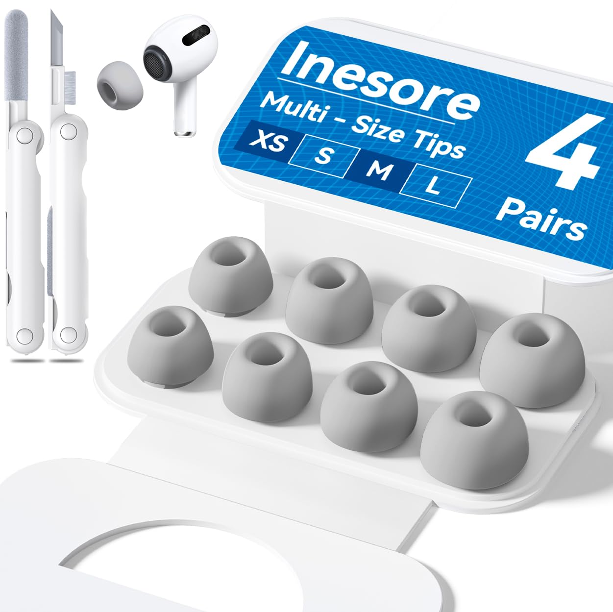 Photo 1 of 4-Pair Replacement Ear Tips for AirPods Pro 2nd/1st Generation with Portable Storage Box,Noise Reduction Holewith & Built-in dust Guard Screen,Silicone Ear Tips for Apple AirPods Pro (Grey)