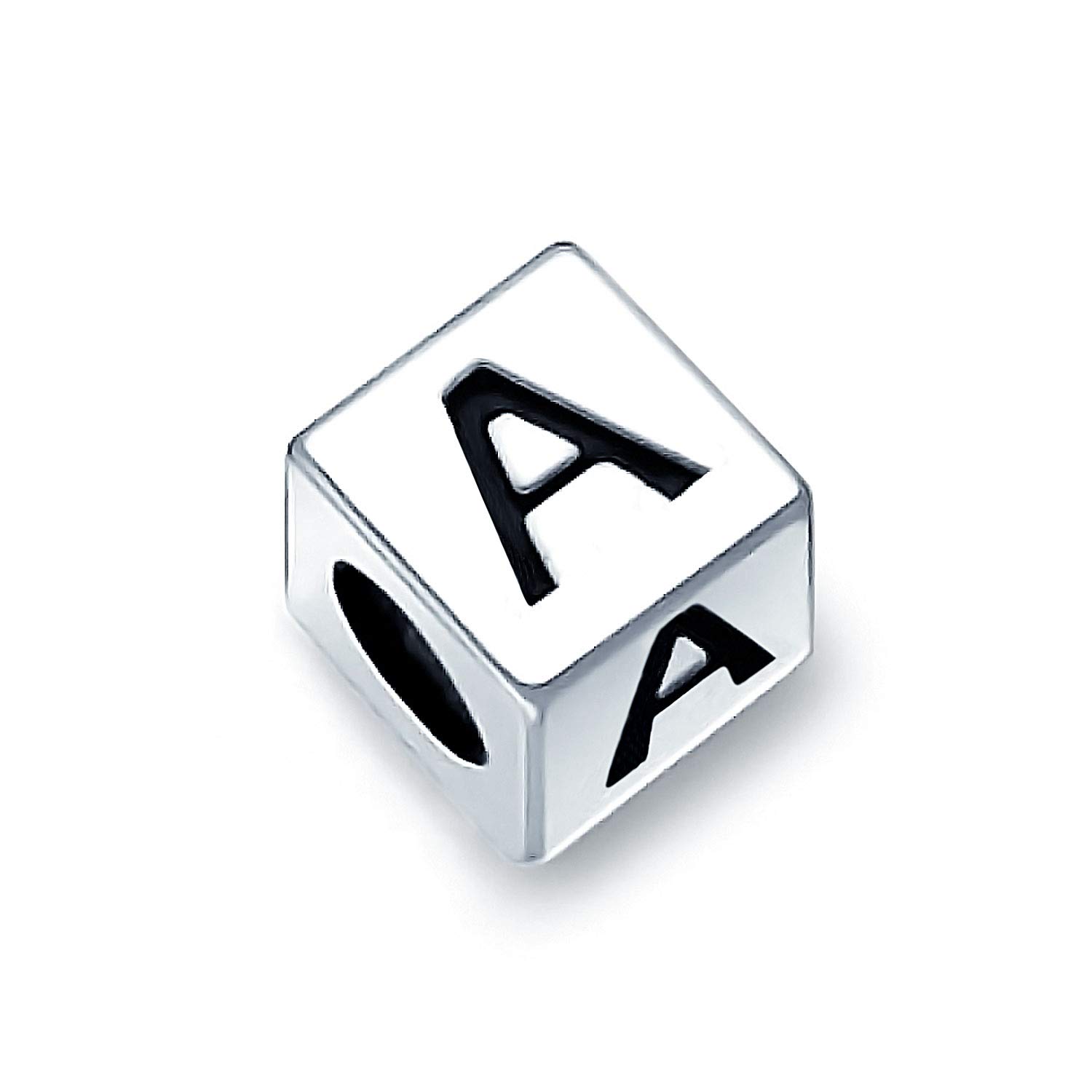Bling Jewelry Block Letter A Alphabet Initial Charm Bead For Women For Teen .925 Sterling Silver For European Bracelet