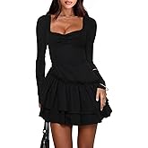 HYPERFIRE Women's Elegant Sweetheart Neck Long Sleeve Mini Dress Flowy Swing Shift Dresses Club