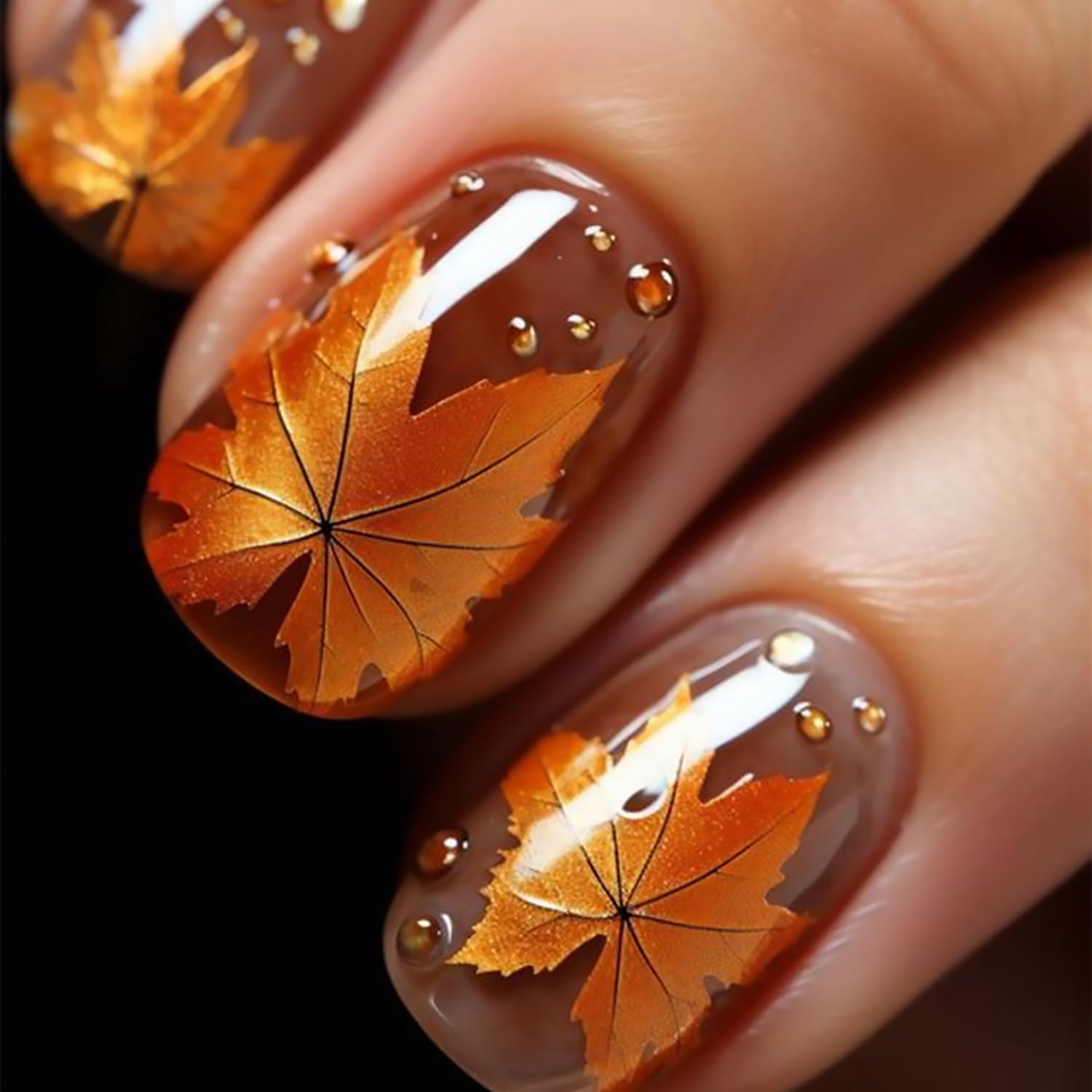 Tyuimhx Fall Maple Leaf Press on Nails Short Square Fake Nails With Designs Thanksgiving False Nails Full Cover Stick on Nails Acrylic Autumn Maple Leaves Artificial Nails for Women 24 Pcs