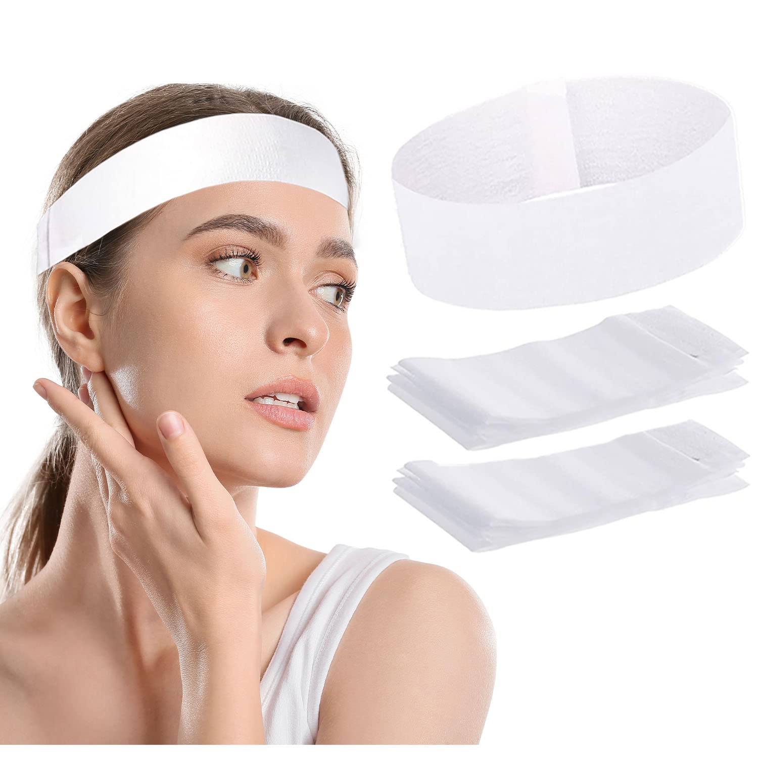 Photo 1 of Nujzuir 100 Pieces Disposable Facial Headbands for Women Individual Wrapped Elastic Makeup Head Band Headwraps for Facials Skincare Spa