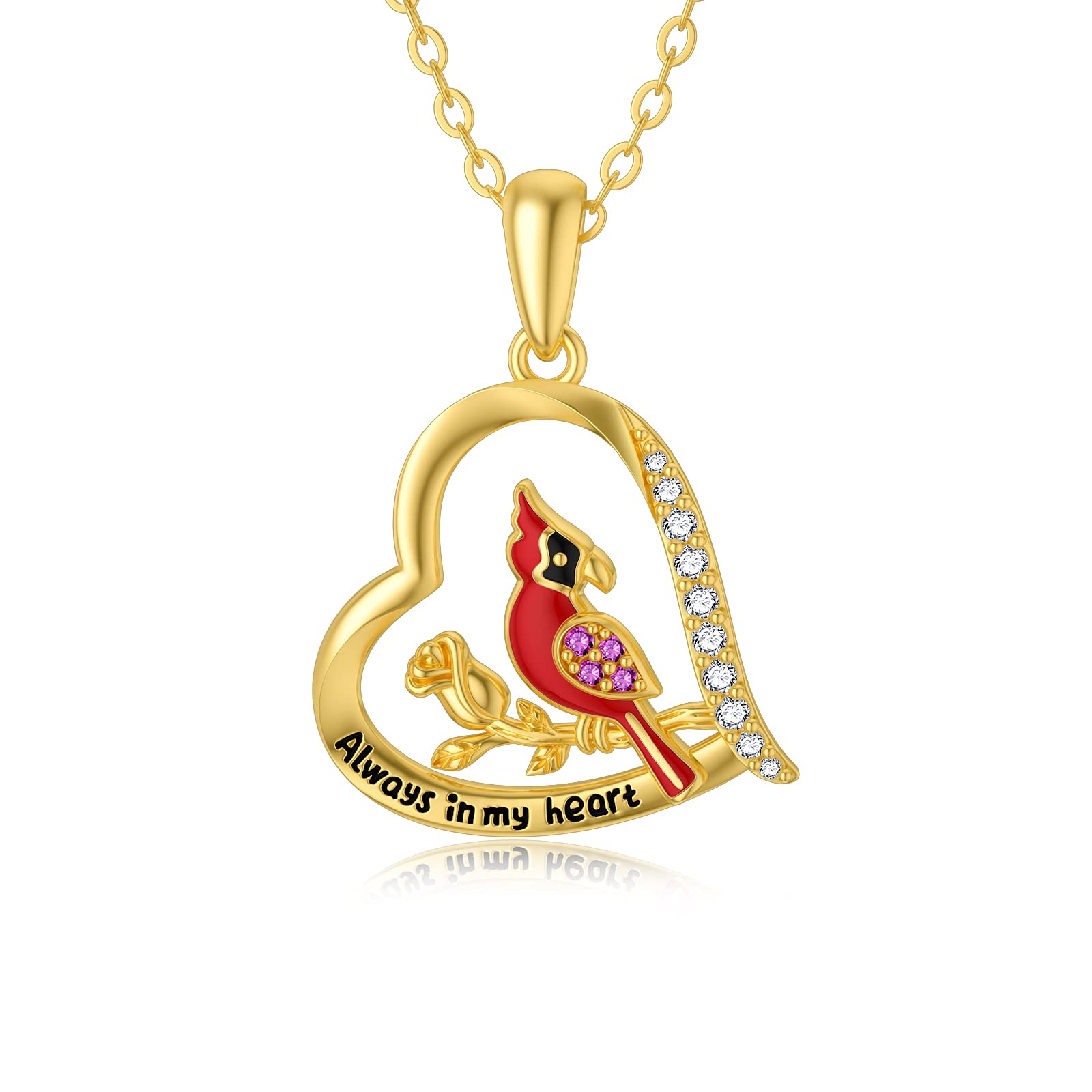 SISGEM 9ct Gold Cardinal Necklace, Solid Yellow Gold Red Bird Pendant, 16"+1"+1" Inch, Unisex, All Ages and Genders