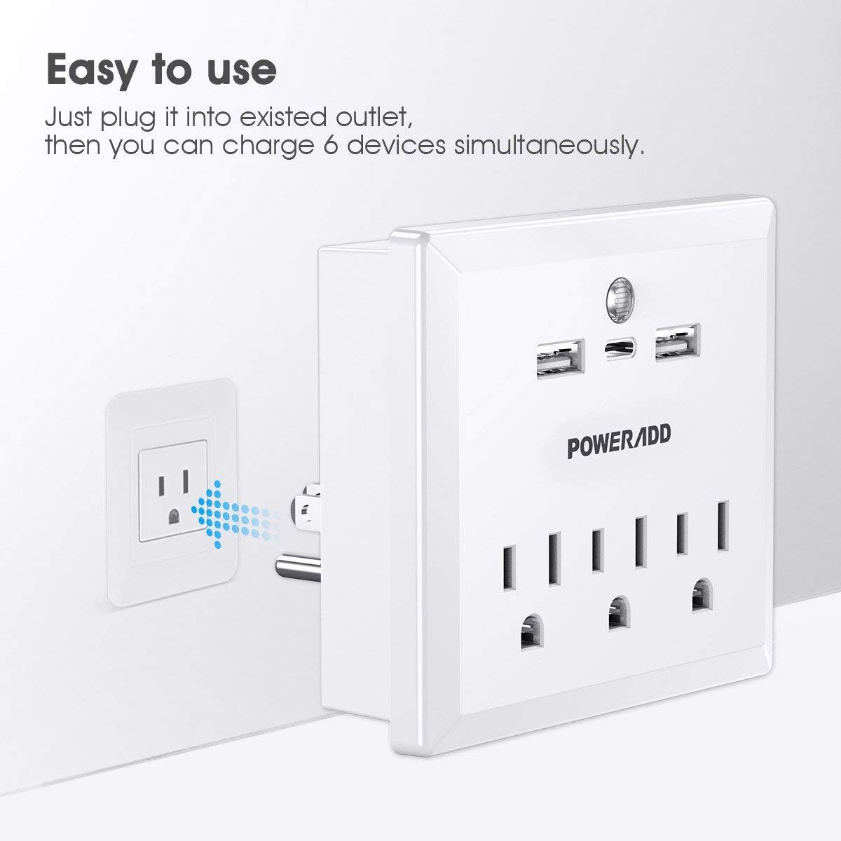 Poweradd Wall Adapter Surge Protector with 3 AC Outlet, 2 USB Charging Ports, a Type-C port, and a Warm White LED Dusk-To-Dawn Night light, White