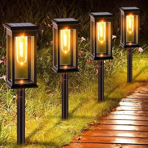Amzxart Set of 8 IP65 Outdoor Solar Garden Lights, Automatic Ignition Solar Garden Lamp for Balcony, Patio, Path, Lawn, Outdoor, Warm White
