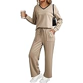 Dokotoo Women's 2 Piece Lounge Set Casual V Neck Sweatshirt Fashion Travel Wide Leg Tracksuit Sweatsuits Outfits