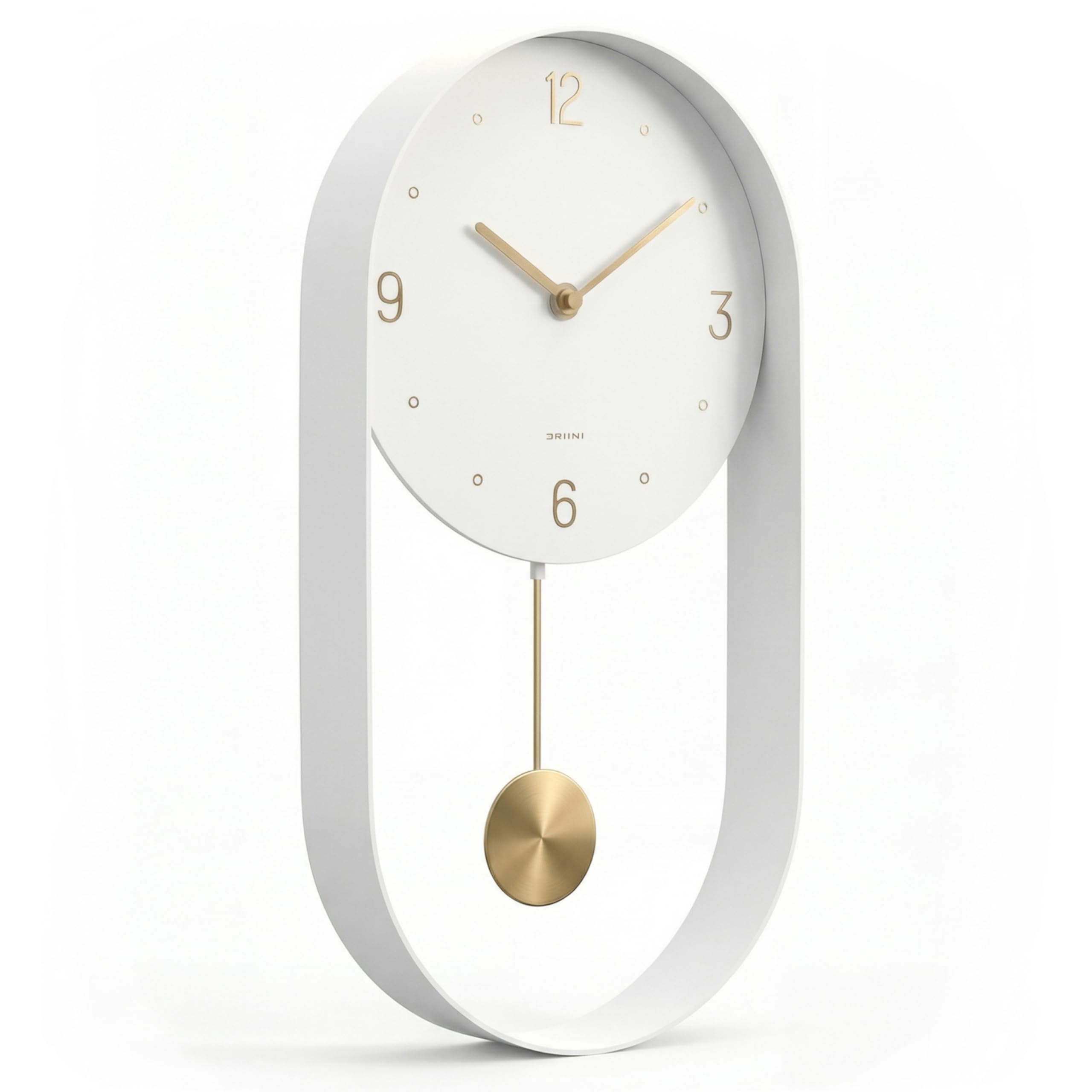 Driini Modern Pendulum Wall Clock - Decorative and Unique Metal Frame, with 8 Inch Face - Contemporary, Minimalist Design, with Silent Non Ticking Operation - Includes Both White and Gold Pendelum