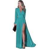 XEROGIA Long Sleeve Chiffon Bridesmaid Dresses for Women V Neck Empire Waist Pleated Long Evening Formal Dress with Slit