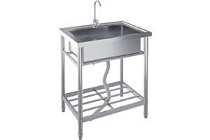 28"X20"x34" Stainless Steel Utility Sink, Freestanding Single Bowl Kitchen Sink, Pull-Out Hot & Cold Faucet, Built-in Drain B