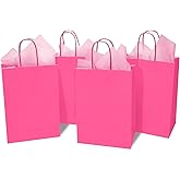 DjinnGlory 24 Pack Medium Size Hot Pink Paper Gift Bags with Handles 10x8x4 Inch and 24 Pink Tissue Paper for New Moms Birthday Wedding Baby Bridal Shower Party Favors Goodies