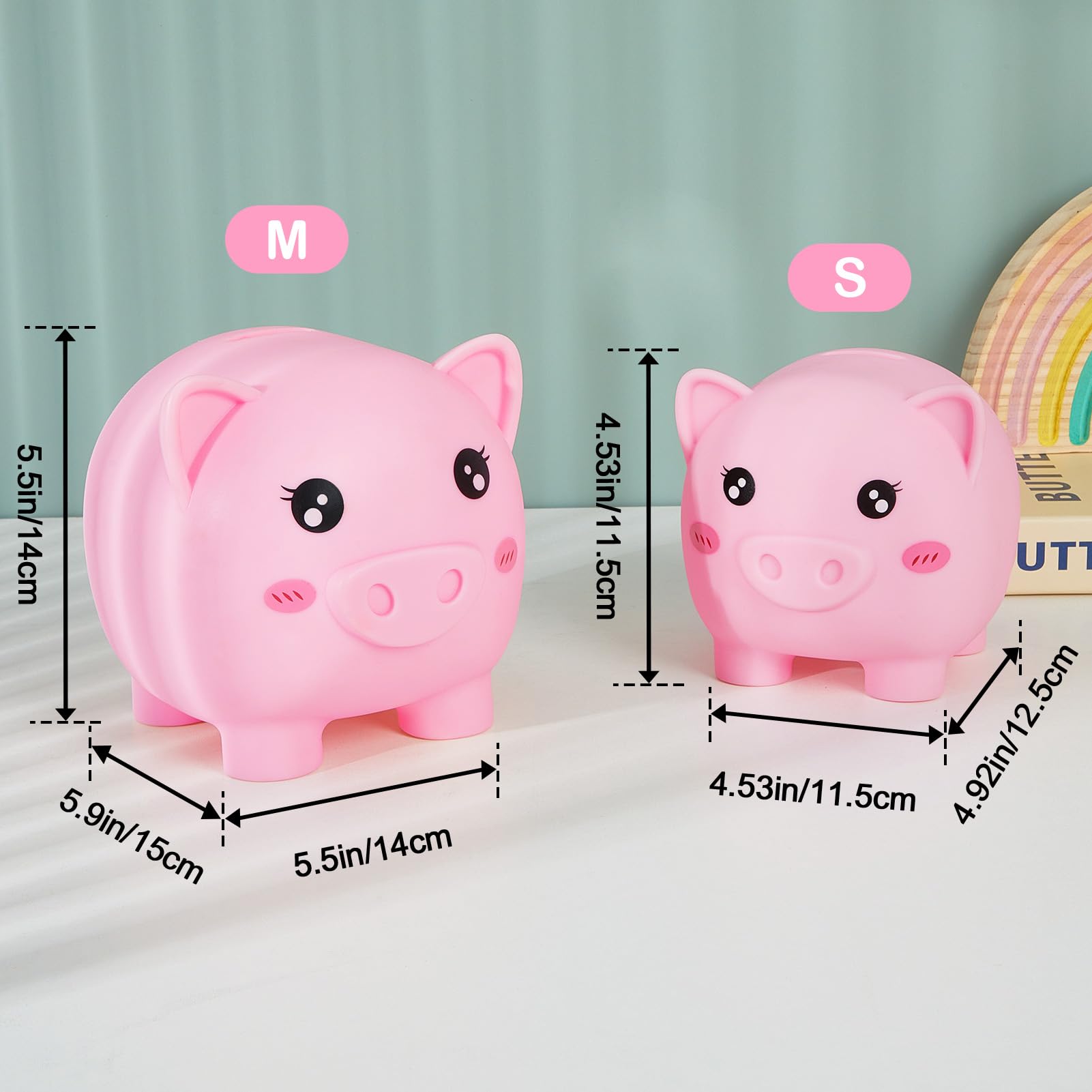Piggy Bank for Girls Large Unicorn Piggy Banks with Necklace Bracelet DIY Stickers Cute Coin Piggybank Unbreakable for Toddler Kids Christmas Birthday Gifts, Pink with Rainbow Dress, M