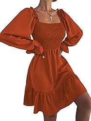 LYANER Women's Long Puff Sleeve Square Neck Shirred