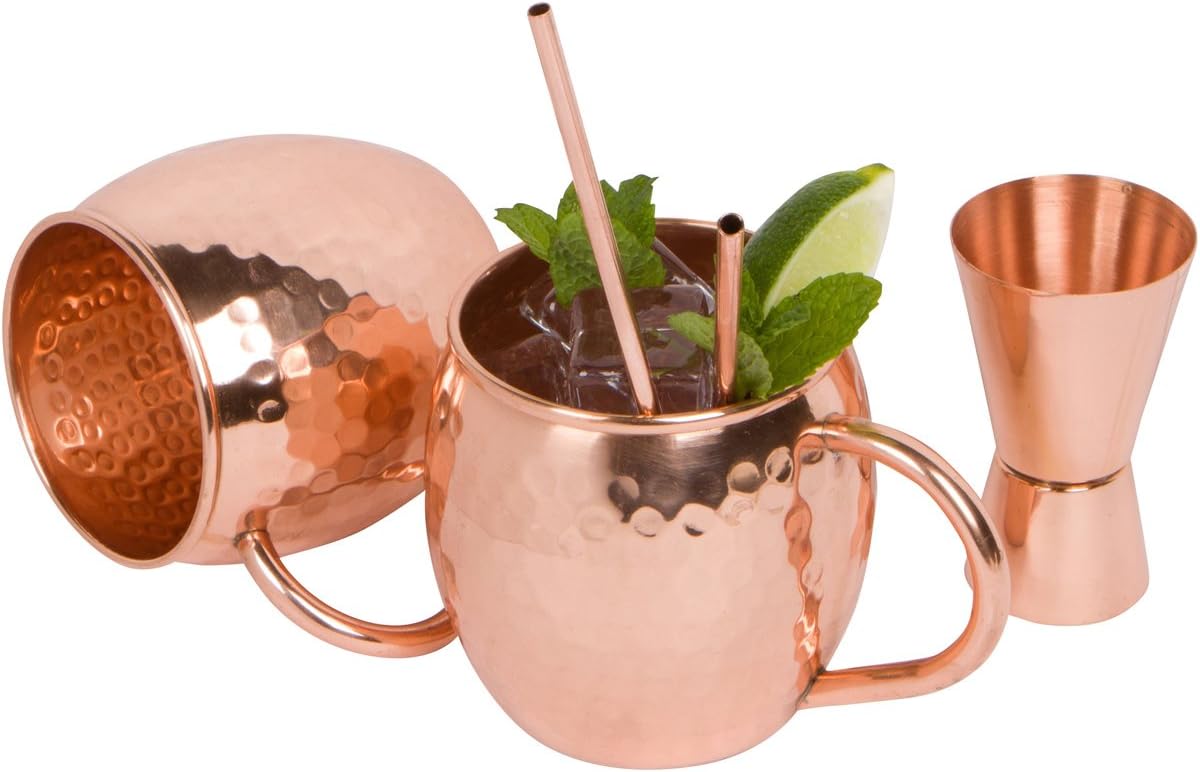 100% Solid Hammered Copper Moscow Mule Mus, Set of 2, 16 oz, with Doublejigger