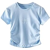 BEAUDRM Girl's Bow Graphic Tee Shirts Y2K Ruched Short Sleeve Cute Summer T-Shirt
