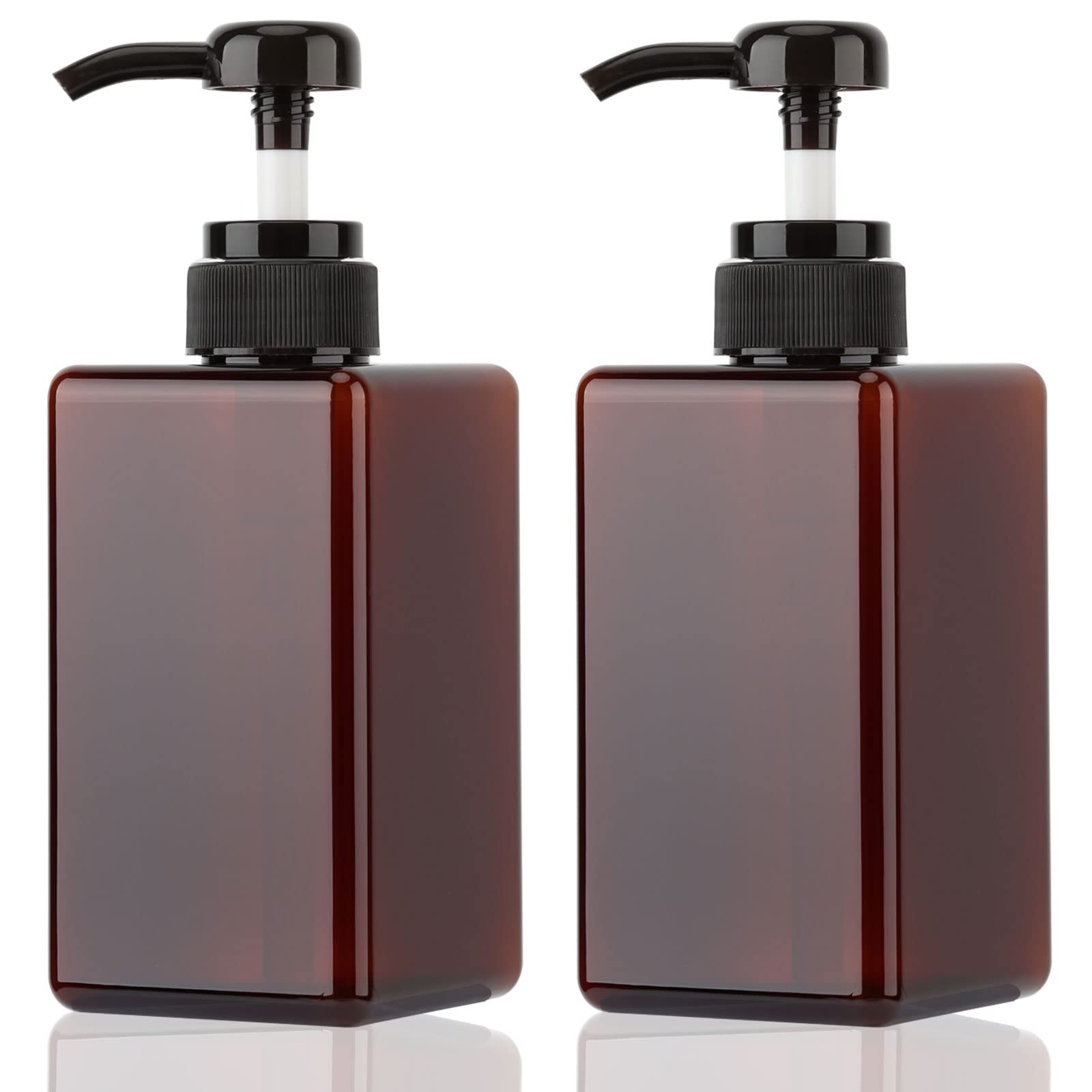 Jansburg 450ml Pump Bottle Dispenser 2Pack Refillable Square Plastic Lotion Dispenser Empty Lotion Pump Bottle for Essential Oil Soap Lotion Shampoo, Bathroom/Kitchen/Travel Amber