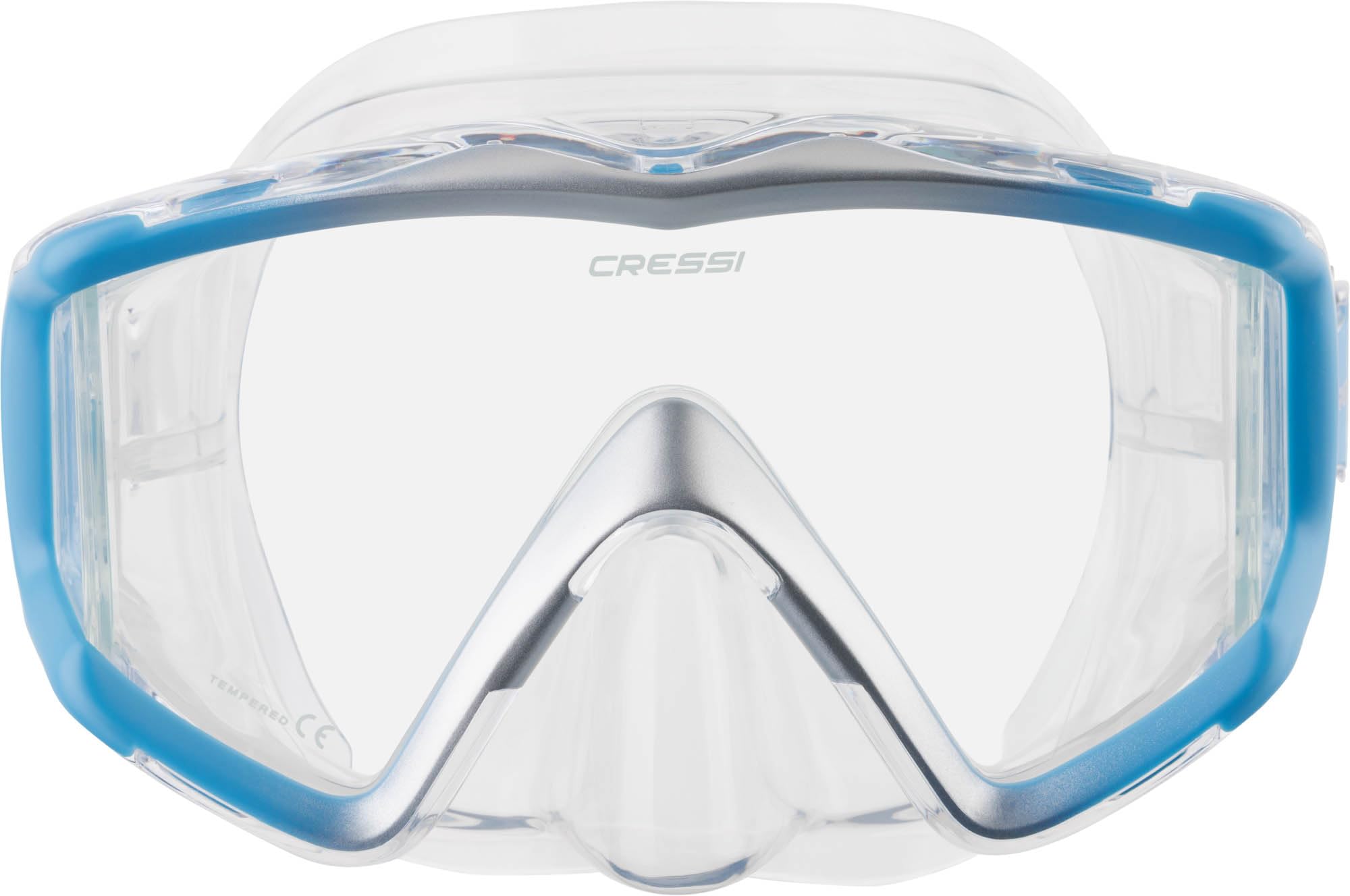 Cressi Liberty Triside Snorkel Mask - Panoramic 3-Glass Vision Diving Mask - Unisex Adult - One Size, Clear/Blue Silver