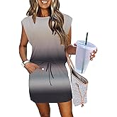 ETCYY NEW Womens Cap Sleeve Summer Dress Crew Neck Tie Front A-Line Dresses Double Layer Hem Mini Dress
