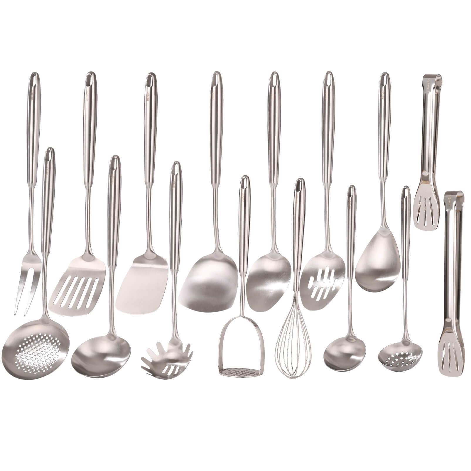 Photo 1 of 18/10 Stainless Steel Cooking Utensils Set - 16 PCS All Metal Serving Utensils, Kitchen Tools - Whisk, Masher, Fork, Tongs, Solid/Slotted Spoon, Spatula, Turner, Ladle, Skimmer, Pasta, Large Spoon Set