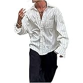 GORGLITTER Men's Striped Button Down Shirt Long Sleeve Collar Business Casual Beach Wedding Dress Shirts