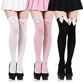 scenicamp 3 Pairs Women Satin Bow Thigh Highs Stockings Lolita Over Knee High Long Socks with Cute Bow