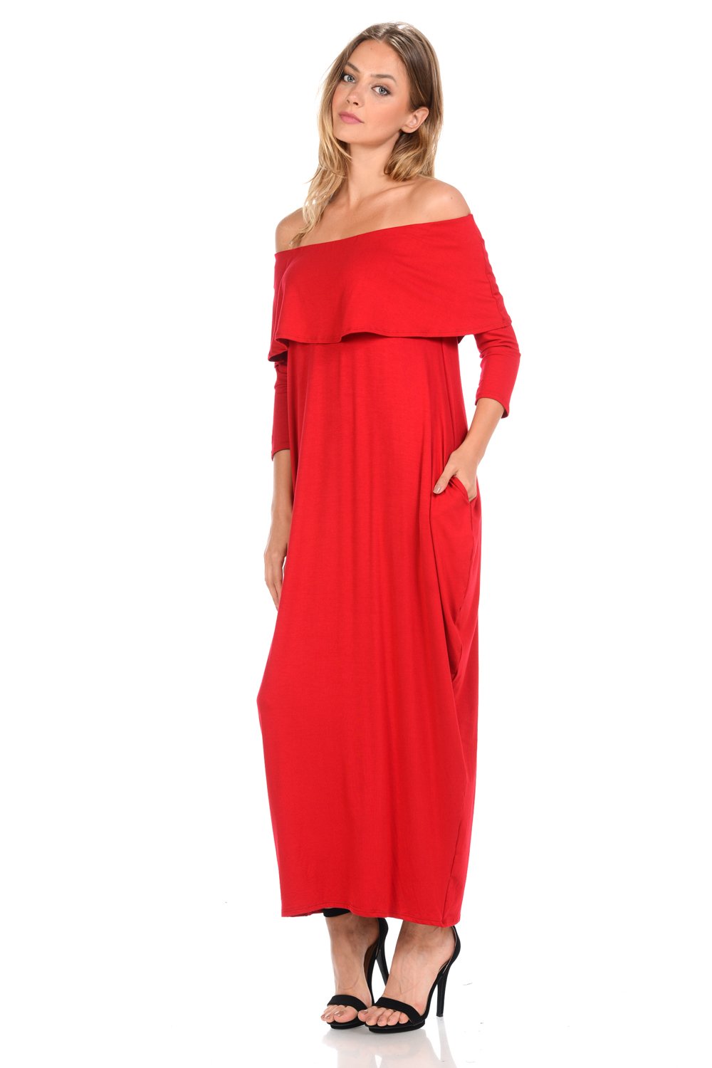 red off the shoulder maxi dress