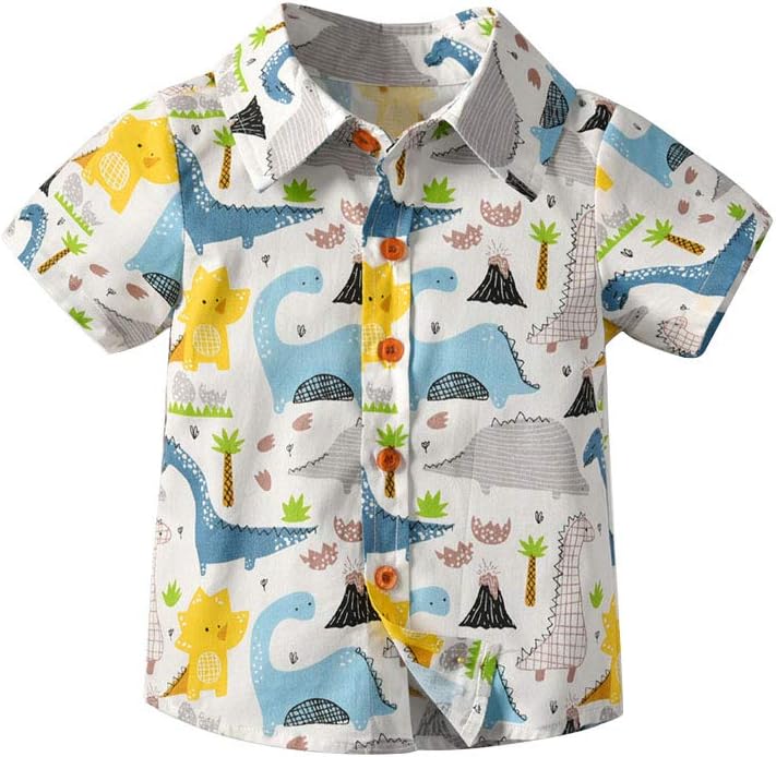 Abolai Boys' Short Sleeve One Pocket Dinosaur Pattern Woven Shirt