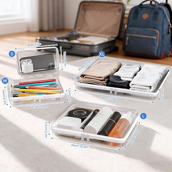 4 PACK CLEAR HARD SHELL ZIPPER CASE (S,M,L,XL), 1.2MM CRUSH-PROOF TRANSPARENT STORAGE POUCHES, HARD PLASTIC PACKING CUBES & ORGANIZER BAGS FOR TRAVEL, PENCIL, COSMETICS, TOILETRY, TOYS STORAGE