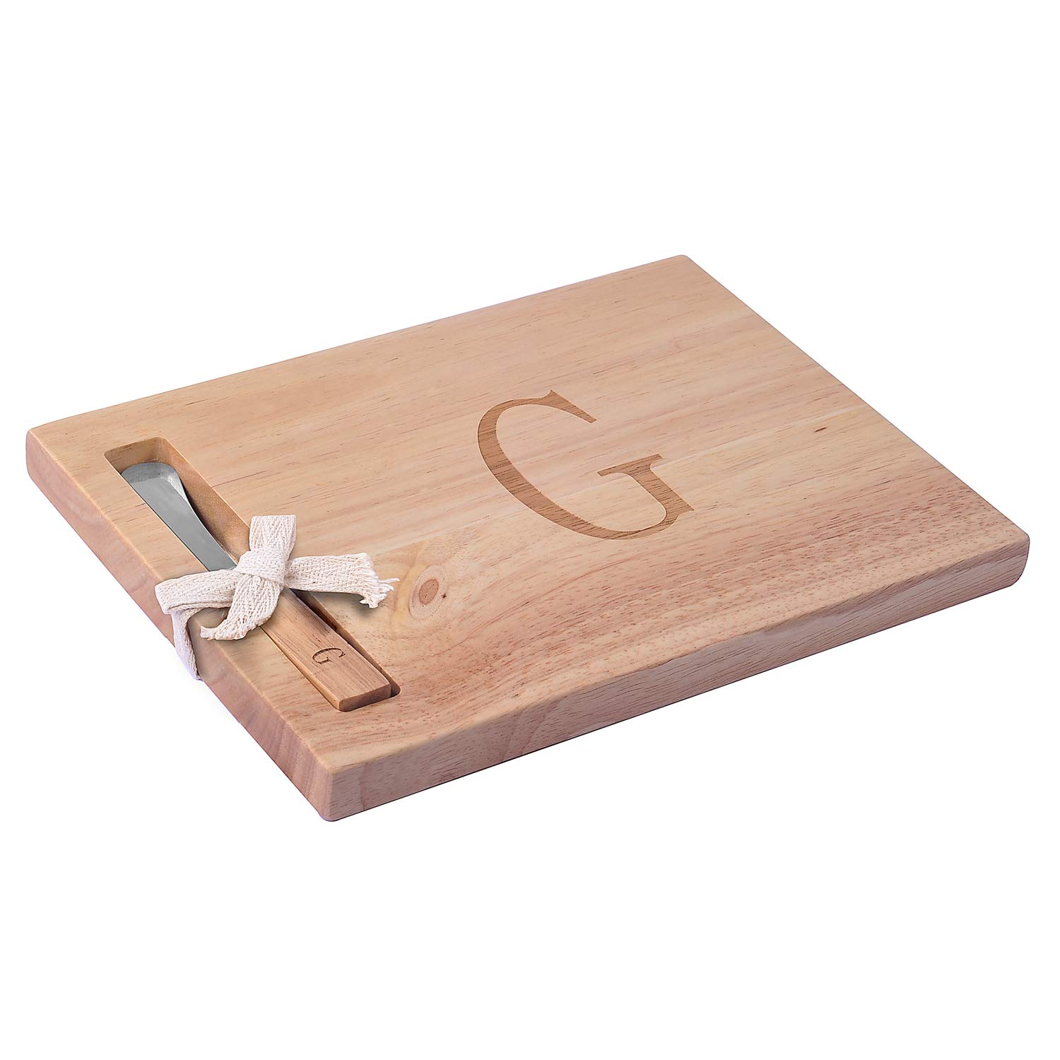 Miicol Monogram Oak Wood Cheese Board With Spreader, G-Initial (G)