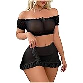 SOLY HUX Sexy Lingerie Set for Women Sheer Mesh Off Shoulder Bra Panty Ruffle Skirts 3 Piece Sets