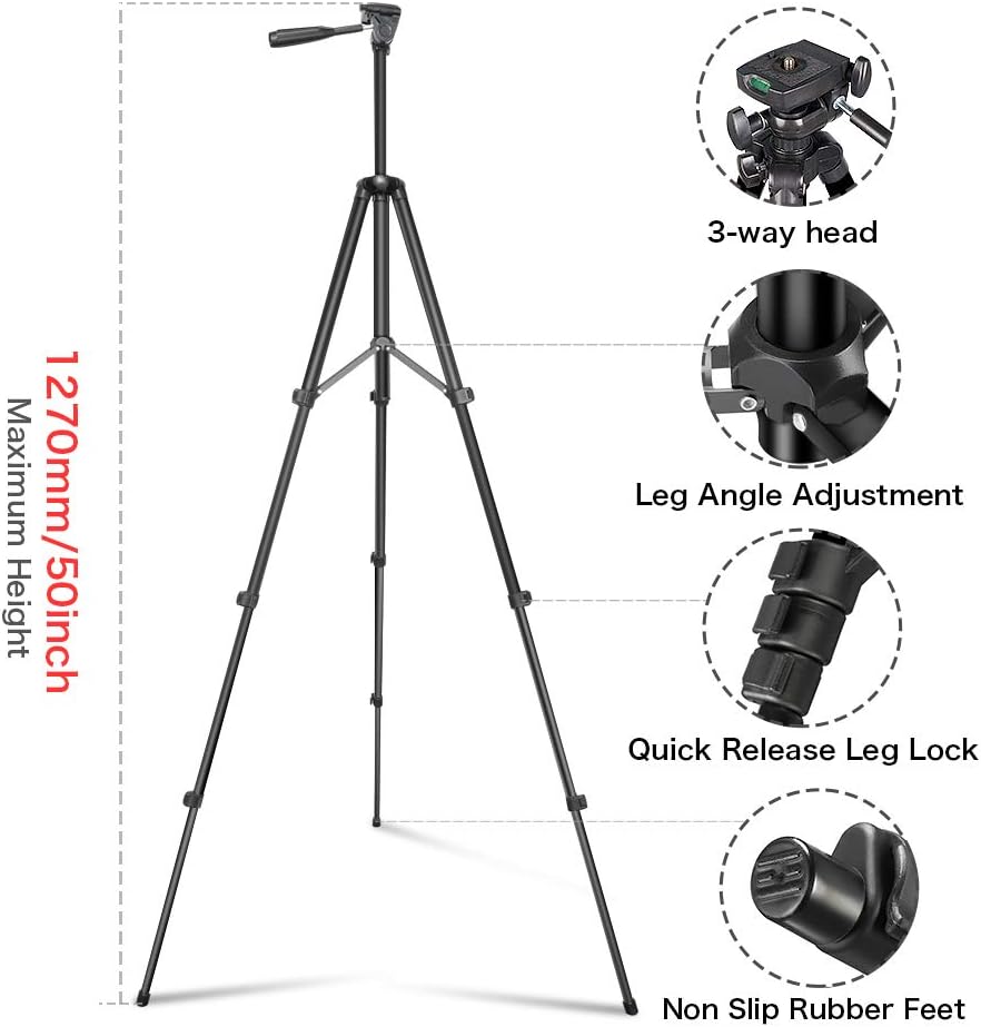 UBeesize Phone Tripod, 51" Adjustable Travel Video Tripod Stand with Cell Phone Mount Holder & Smartphone Bluetooth Remote, Compatible with iPhone/Android (Black)