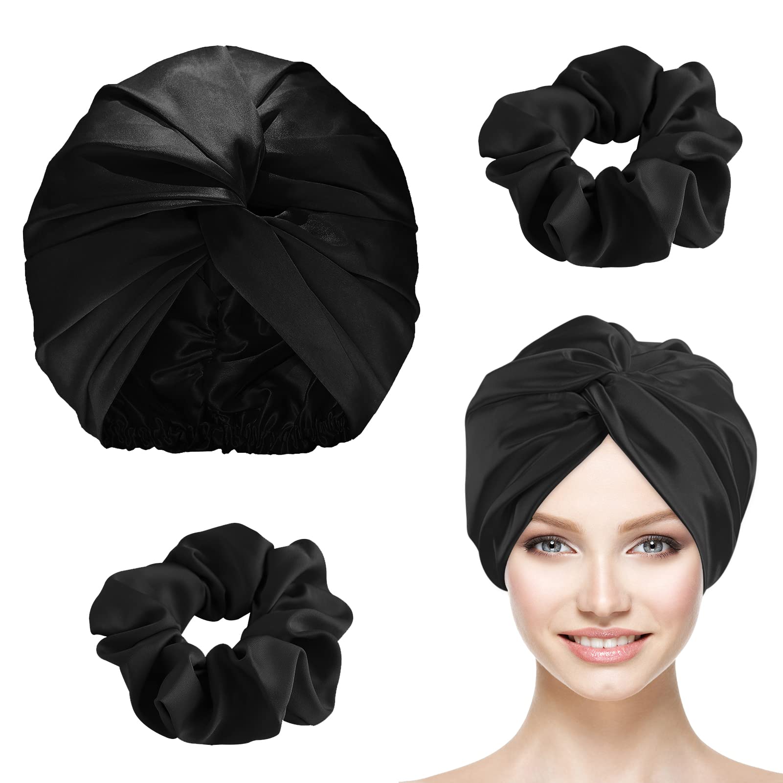 Satin Hair Wrap for Sleeping Bonnet Double-Sided Sleep Cap Sleep Turban Hair Bonnet with 2 Pcs Hair Scrunchies for Curly Hair Women Sleep Cap with Elastic Bow Stay On Head — image 1