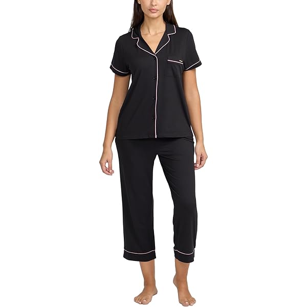 BCBGMAXAZRIA Women's Ribbed Pajama Set Short Sleeve Notch Collar