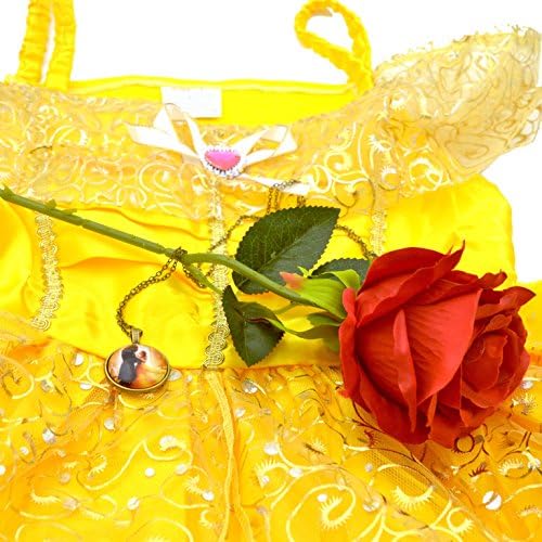 Belle Dress [Beauty and the Beast] + Rose + Pendant Necklace - Great for a 2017 Halloween Costume [Size 6-7]
