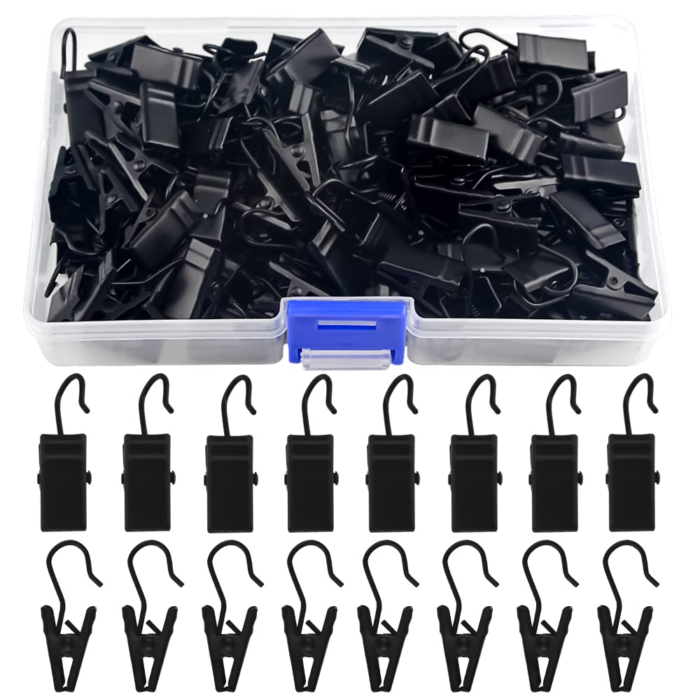 WMYCONGCONG 100 PCS Small Curtain Hooks Curtain Clips Bag Clips, Black Curtain Rod Hooks for Hanging Drapes Photos Tent Lights Party Decorations Art Craft (Black)