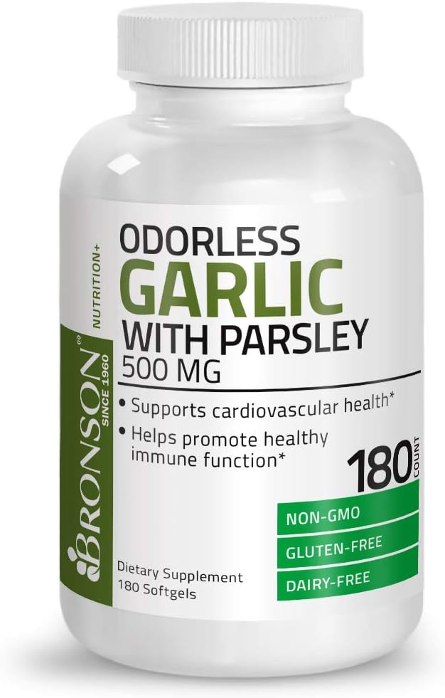 Bronson Odorless Garlic with Parsley Capsules 500 mg - Supports Cardiovascular Health - Promotes Immune Function, Non-GMO, 180 Softels: Health & Personal Care