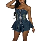Yqisier Sexy Tube Denim Dress Corset Strapless Ruffled Hem Jean Mini Dress