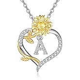 AENEAS Sunflower Initial Necklace for Women Gold Plated Sterling Silver Letter Heart Pendant Jewelry Gift for Mom Wife Birthday Anniversary Christmas