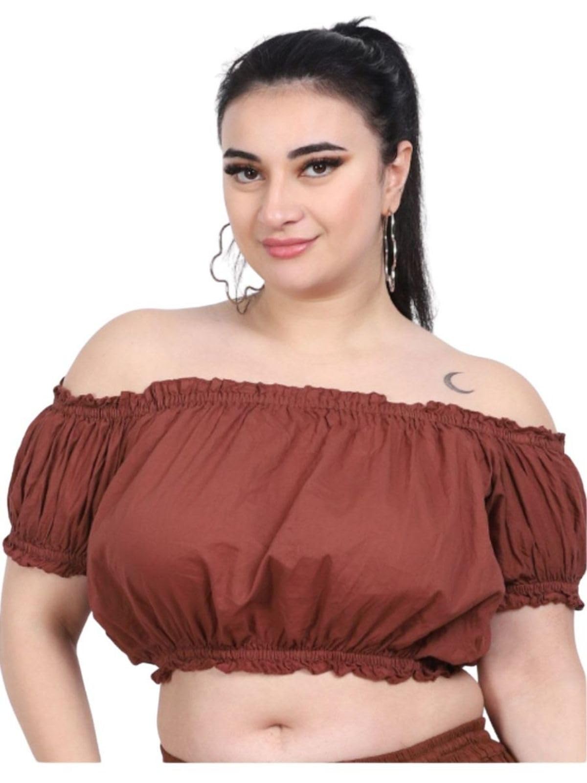 Photo 1 of Wevez Women's Tribal Style Summer Cotton Puff Sleeve Crop Top Blouse (Brown)