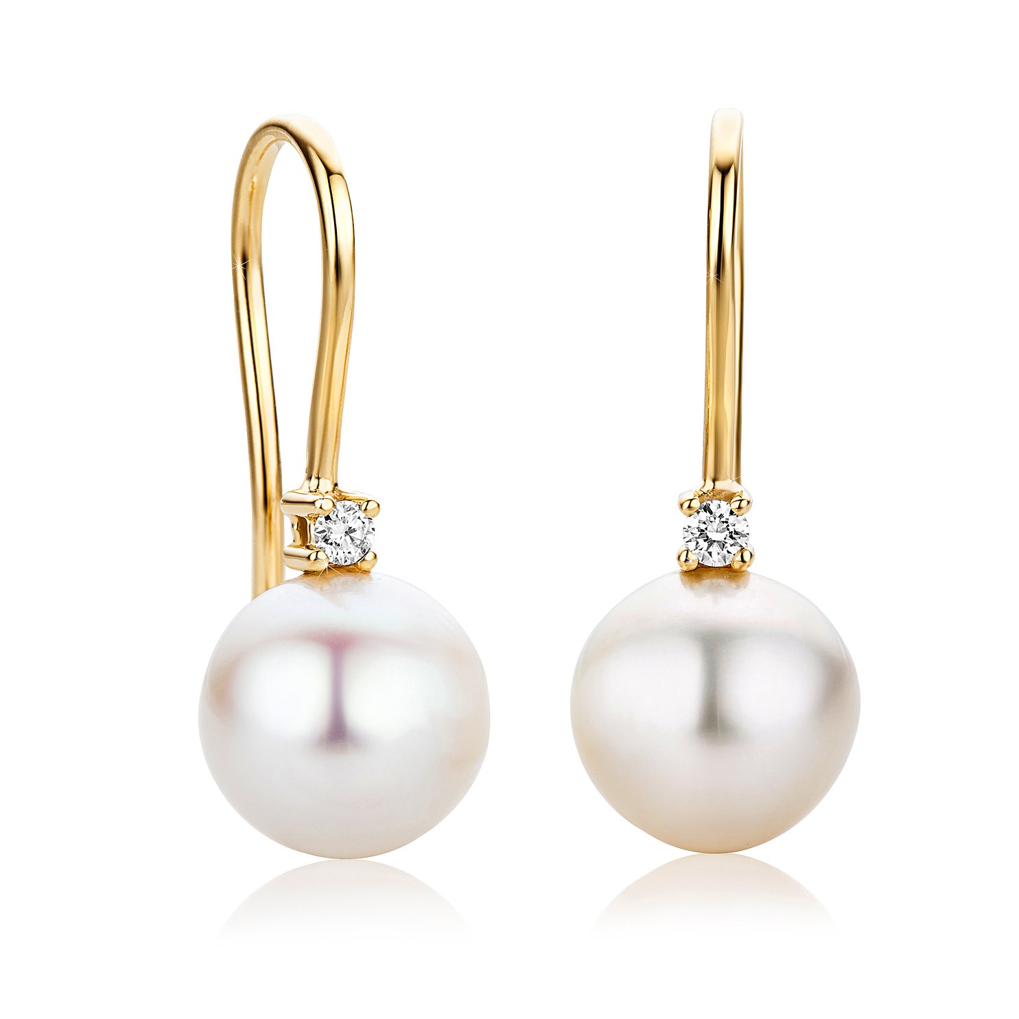 Orovi Yellow Gold Earrings for Women with Diamonds and freshwater Pearls in 18 Carat Gold, Hypoallergenic Earrings - Handmade, including jewellery box