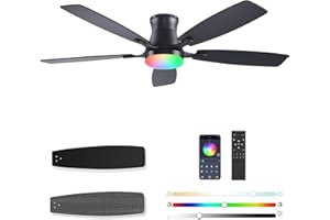 FUMLTP 54inch Ceiling fans with Lights, Low Profile RGB Ceiling fan with Light and Remote/App Control, Dimmable, DC Reversible Motor, Noiseless, 6 Speeds, Black Ceiling Fan For Bedroom Indoor Outdoor