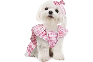 JUOZIUI Dog Dress for Small Dogs Girl Chihuahua Yorkies Female Dog Clohtes Pet Pink Plaid Sundress Puppy Tutu Princess Dresses with Dog Bowknot Hair Bows Doggie Cats Skirt Outfits