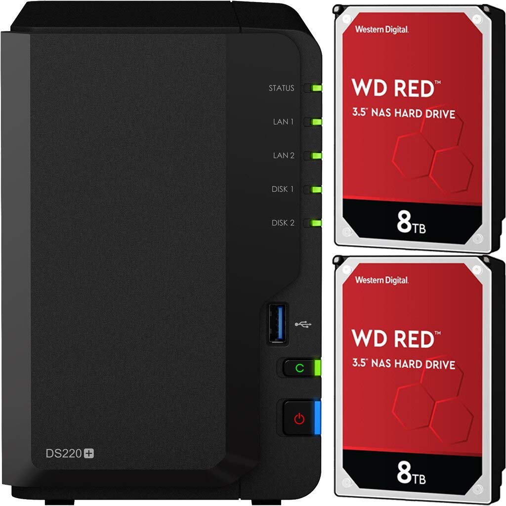 Synology DS220+ DiskStation Bundle with 2GB RAM and 16TB (2 x 8TB) of Western Digital RED NAS Drives