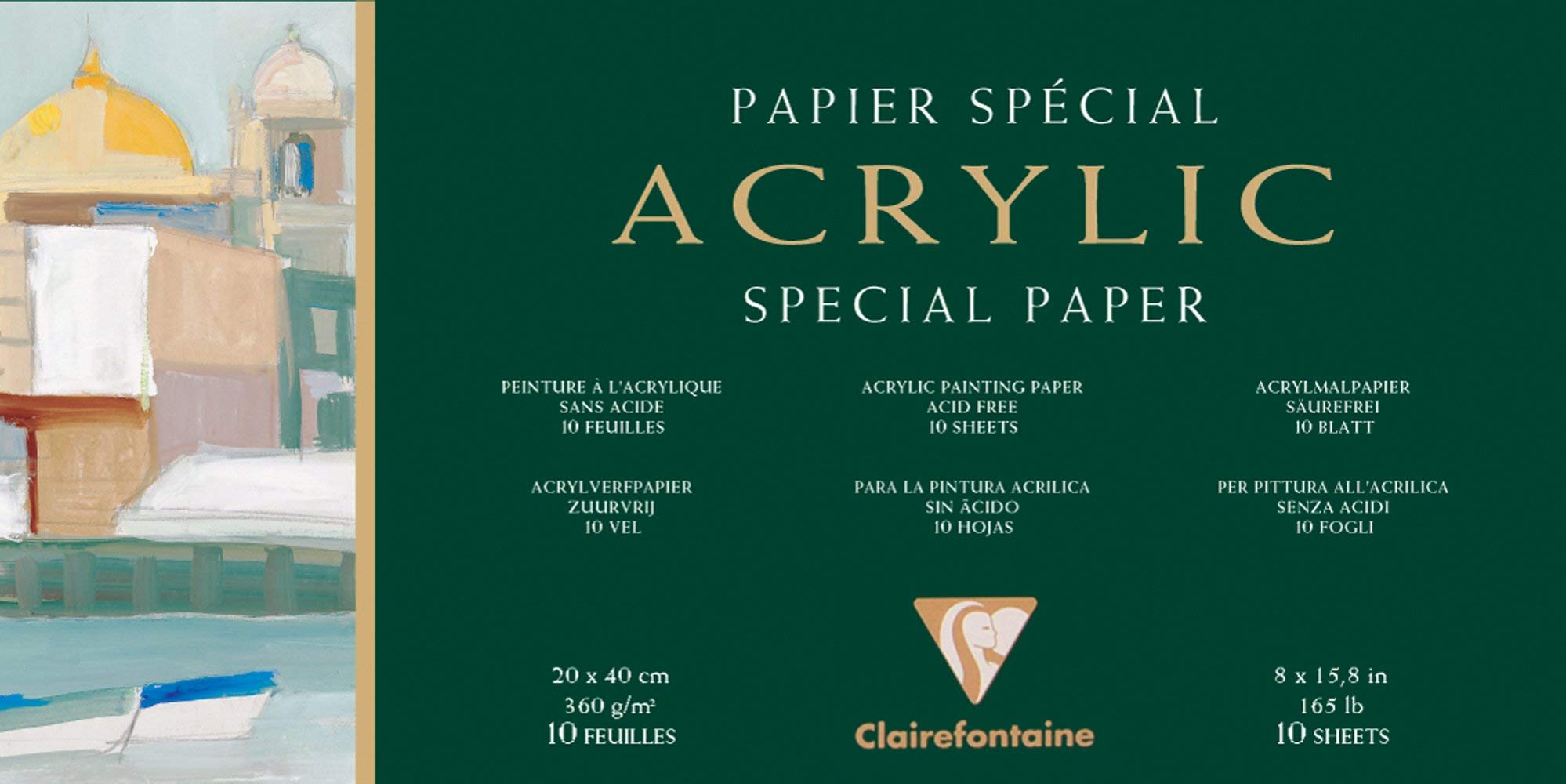 Clairefontaine - Ref 96490C - Acrylic Paper Pad (10 Sheets) - 20 x 40cm in Size, 360gsm Paper, Acid Free, pH Neutral - Suitable for Use With Acrylic & Gouache Paints