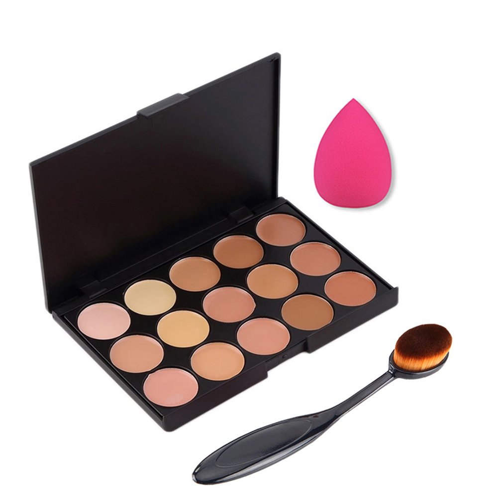 FantasyDay Professional 15 Colors Contour Face Cream Concealer Camouflage Makeup Palette Contouring Kit + 1 Pcs Makeup Brush + 1 Sponge Puff - Ideal for Professional and Daily Use